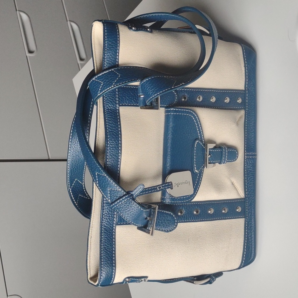 Tignanello Cream Canvas with Blue Trim Two-Tone Double-handled Handbag - Picture 1 of 10